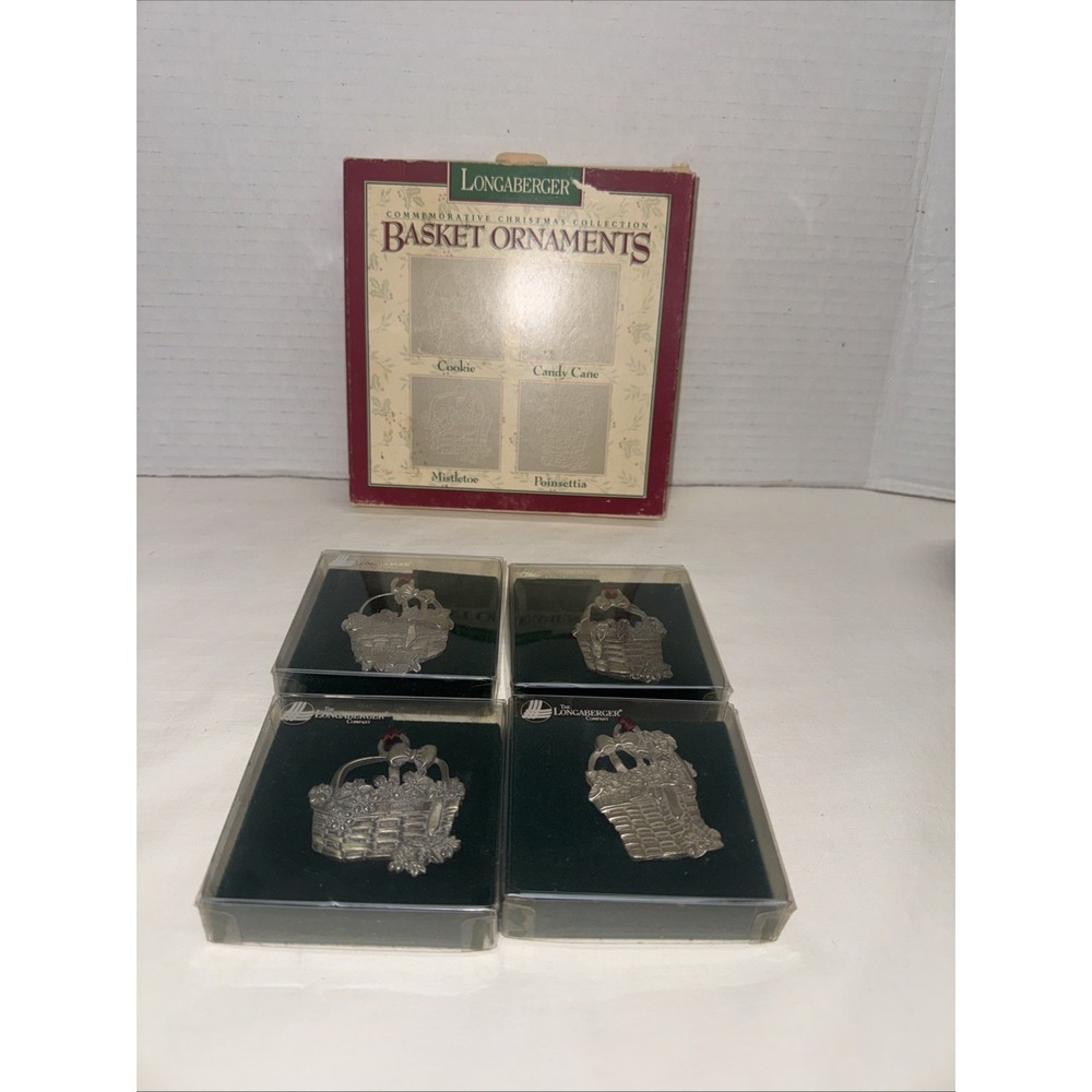 1995 Longaberger Basket Ornaments – Set of 4 Pewter Christmas Collection